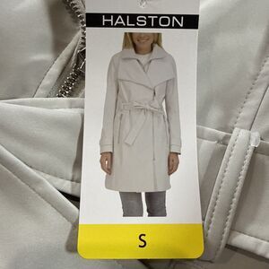 Halston Women's Belted Trench Coat,  Gray Off White Small NWT